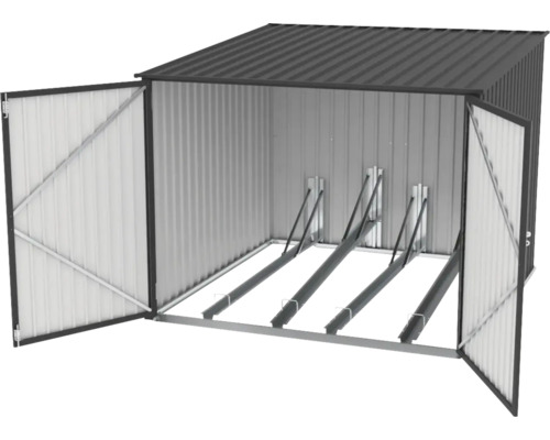 Garage à vélos avec portes ouvertes et supports pour vélos