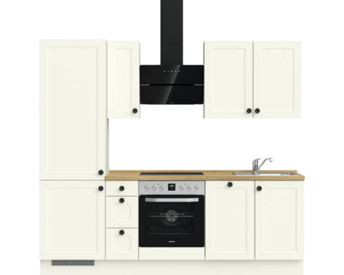 Küchenzeile mit Hängeschränken, Dunstabzugshaube, Spüle und Elektroherd