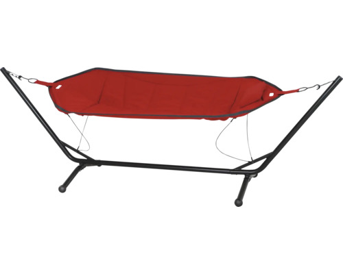 Hamac rouge avec structure métallique noire pour le jardin ou la terrasse