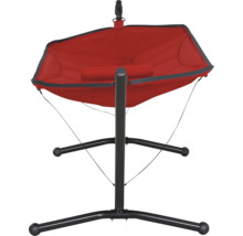Hamac rouge avec support noir pour le jardin ou la terrasse.