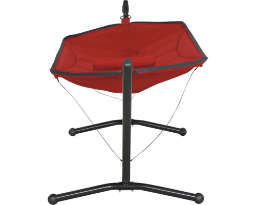 Hamac rouge avec support noir pour le jardin ou la terrasse.