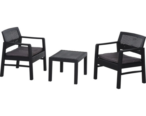 Salon de jardin Progarden Kraka anthracite 3 pièces avec coussin, plastique Ensemble de jardin avec deux fauteuils et une table