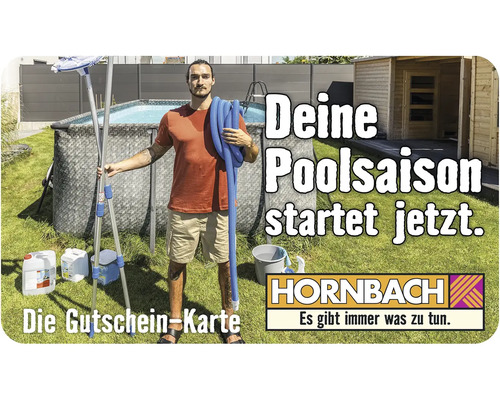 Poolszene mit Pool, Poolzubehör und HORNBACH Logo