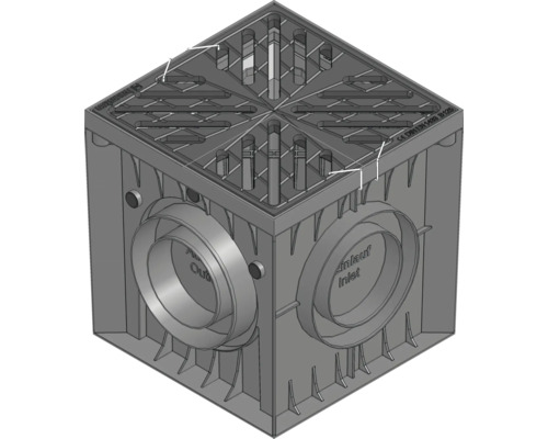 Aufsicht auf einen Hofablauf aus Kunststoff mit Zulauf und Ablauf