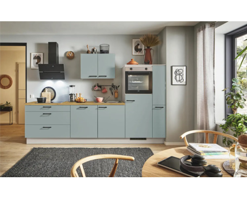 PICCANTE Plus Küchenzeile mit Geräten Marlena 310 cm fjördgrün matt montiert Variante rechts