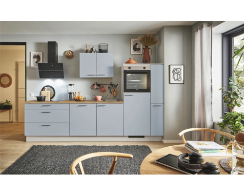 PICCANTE Plus Küchenzeile mit Geräten Marlena 310 cm pastellblau matt montiert Variante rechts