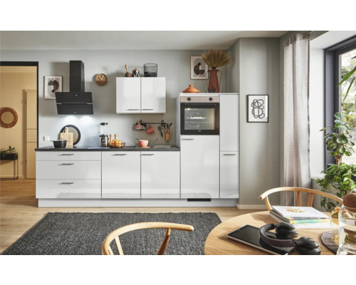 PICCANTE Plus Küchenzeile mit Geräten Pearl 280 cm steingrau hochglanz montiert Variante rechts