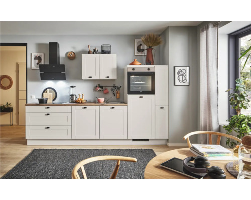 PICCANTE Plus Küchenzeile mit Geräten Bella 310 cm kaschmirgrau matt montiert Variante rechts