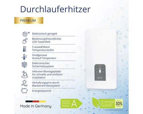 Elektronisch geregelter Durchlauferhitzer mit LED Tastenfeld und Energiesparfunktion
