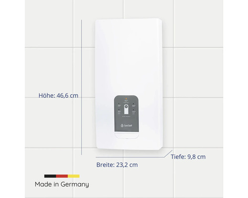 Elektrischer Warmwasserbereiter mit den Maßen 46,6 cm Höhe, 23,2 cm Breite und 9,8 cm Tiefe, hergestellt in Deutschland.