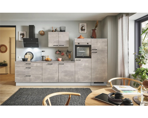PICCANTE Plus Küchenzeile mit Geräten Casual 310 cm beton perlgrau matt montiert Variante rechts
