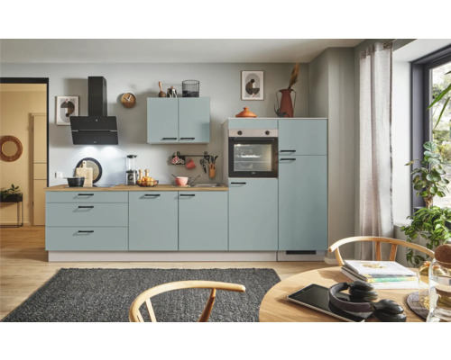 PICCANTE Plus Küchenzeile mit Geräten Marlena 320 cm fjördgrün matt montiert Variante rechts