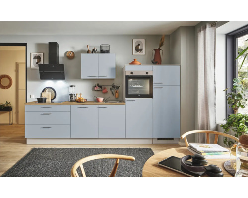 PICCANTE Plus Küchenzeile mit Geräten Marlena 340 cm pastellblau matt montiert Variante rechts