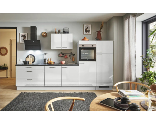 PICCANTE Plus Küchenzeile mit Geräten Pearl 330 cm steingrau hochglanz montiert Variante rechts