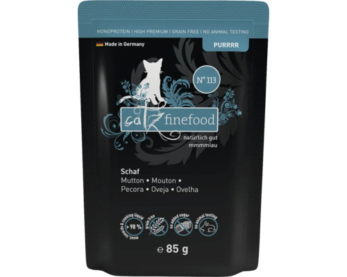 Pâtée pour chats catz finefood Purrrr No.113 mouton 85 g Aliment pour chat au mouton, 85 grammes, sans céréales, sans sucre ajouté, sans tests sur les animaux
