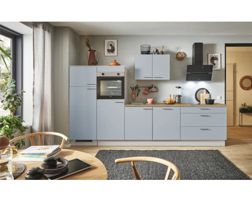 PICCANTE Plus Küchenzeile mit Geräten Marlena 320 cm pastellblau matt montiert Variante links