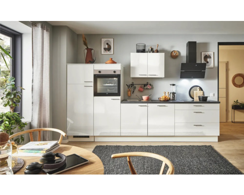 PICCANTE Plus Küchenzeile mit Geräten Pearl 320 cm weiß hochglanz montiert Variante links