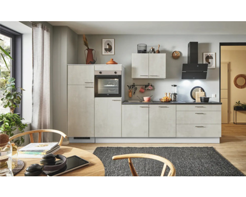 PICCANTE Plus Küchenzeile mit Geräten Casual 320 cm beton weißgrau matt montiert Variante links
