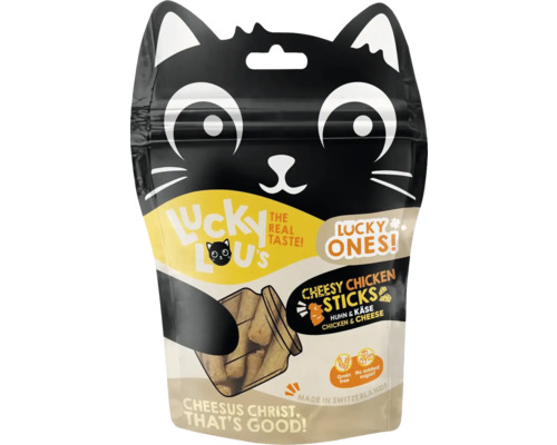 Lucky Lou''s Cheesy Chicken Sticks Katzensnack in einer Verpackung mit Katzendesign