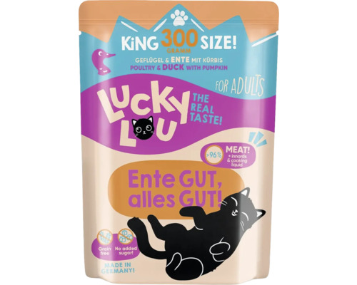 Aliment pour chat Lucky Lou à la volaille et au canard avec de la citrouille pour chats adultes, 300 grammes