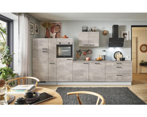 PICCANTE Plus Küchenzeile mit Geräten Casual 340 cm beton perlgrau matt montiert Variante links