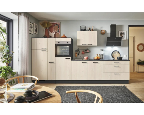 PICCANTE Plus Küchenzeile mit Geräten Casual 370 cm fichte whitewashed matt montiert Variante links