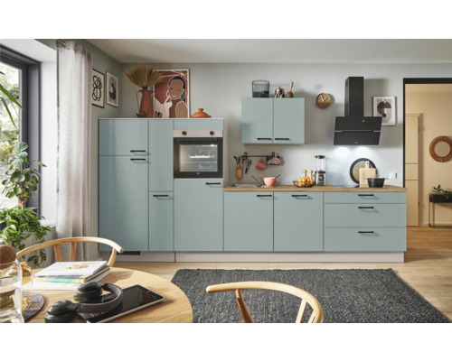 PICCANTE Plus Küchenzeile mit Geräten Marlena 340 cm fjördgrün matt montiert Variante links