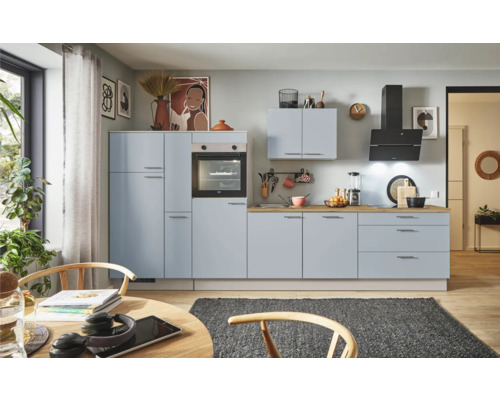 PICCANTE Plus Küchenzeile mit Geräten Marlena 340 cm pastellblau matt montiert Variante links