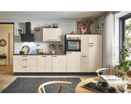 PICCANTE Plus Küchenzeile mit Geräten Casual 350 cm fichte whitewashed matt montiert Variante rechts