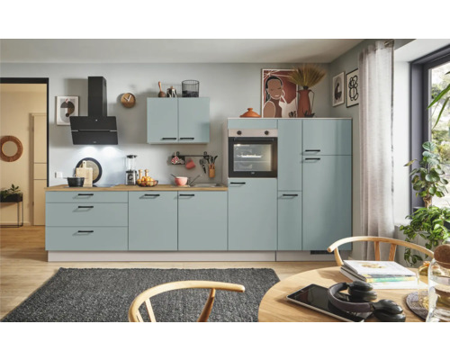PICCANTE Plus Küchenzeile mit Geräten Marlena 350 cm fjördgrün matt montiert Variante rechts