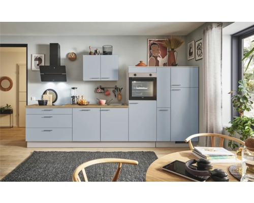 PICCANTE Plus Küchenzeile mit Geräten Marlena 350 cm pastellblau matt montiert Variante rechts
