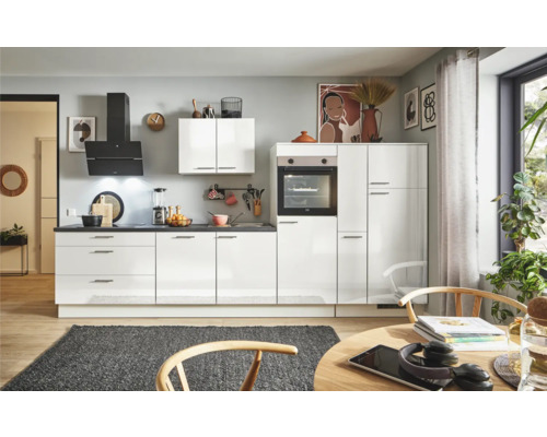 PICCANTE Plus Küchenzeile mit Geräten Pearl 340 cm weiß hochglanz vormontiert Variante rechts