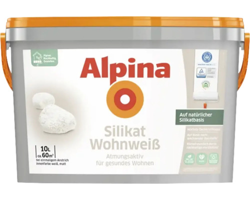 Peinture murale Alpina Silikat Wohnweiß blanc 10 l Peinture de dispersion d''intérieur Alpina Silikat Wohnweiss en seau de 10 litres