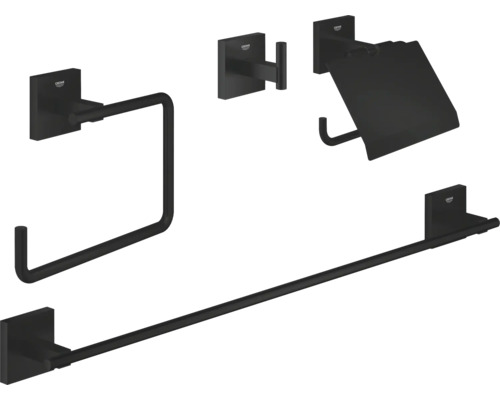 Accessoires de salle de bains Grohe Quickfix Start Cube Ø noir mat 411152430 Grohe Essentials Cube Set d''accessoires de salle de bain avec anneau porte-serviettes, crochet, porte-papier toilette et barre porte-serviettes
