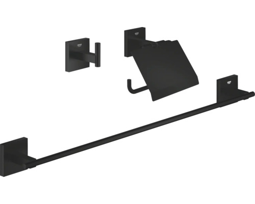 Accessoires de salle de bains Grohe Quickfix Start Cube Ø noir mat 411242430 Ensemble d''accessoires de salle de bains noir avec porte-serviettes, porte-papier toilette et patère