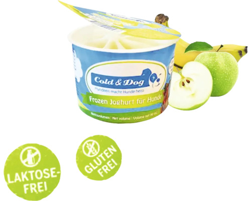 Cold and Dog gefrorener Joghurt für Hunde mit Banane und Apfel sowie laktosefrei und glutenfrei Siegel
