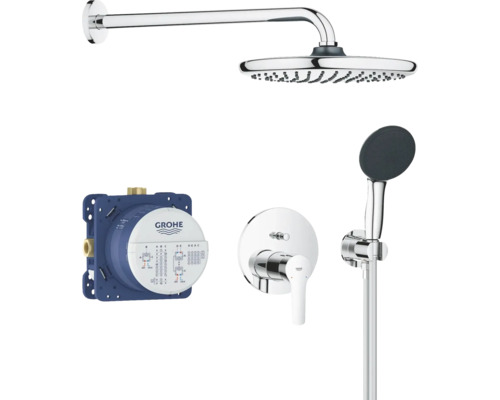 Système de douche avec douche de tête, douchette à main, thermostat encastré et boîtier d''installation