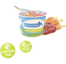Cold and Dog gefrorener Joghurt für Hunde, dazu Karotten und Fleisch, laktosefrei, glutenfrei