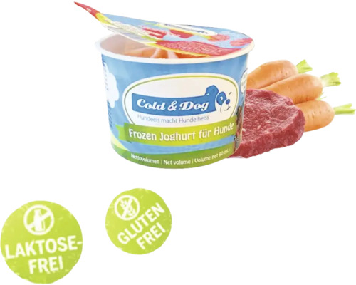Cold and Dog gefrorener Joghurt für Hunde, dazu Karotten und Fleisch, laktosefrei, glutenfrei