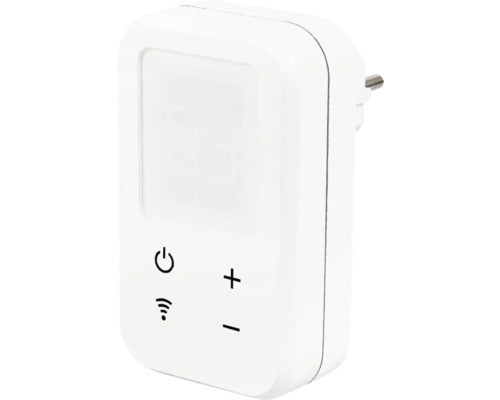 Prise intermédiaire blanche avec interrupteur, symbole Wi-Fi et symbole plus-moins