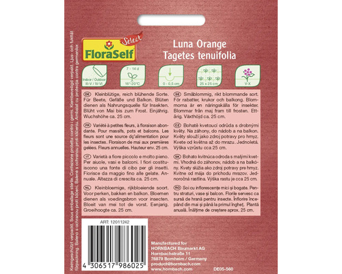 Informations sur le paquet de graines de Luna Orange Tagetes tenuifolia.