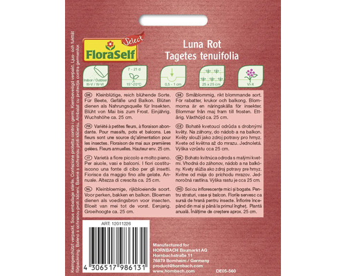 Paquet de graines de Tagetes tenuifolia Luna Rot avec des informations sur la culture et les propriétés