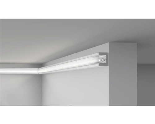 Cimaise murale pour LED CL14, 1 pce 2 m, 25 x 20 mm Vue en coin d''une pièce avec éclairage indirect par une bande LED