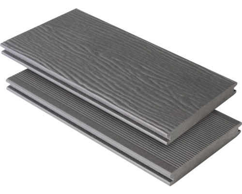 Zwei graue Terrassendielen aus Verbundmaterial
