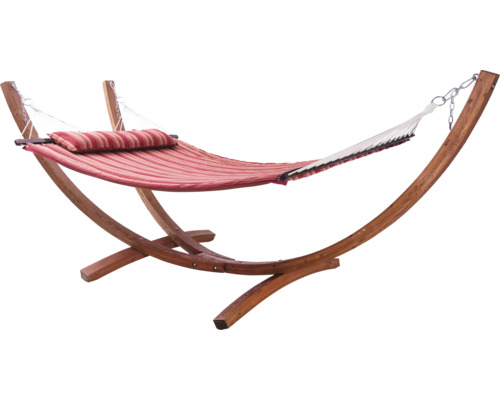 Hamac avec cadre en bois et coussin rayé