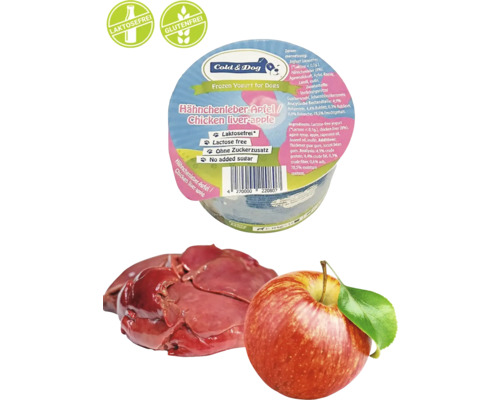 Cold and Dog Hundejoghurt Hähnchenleber Apfel mit Laktosefrei und Glutenfrei Siegel, Hähnchenleber und Apfel