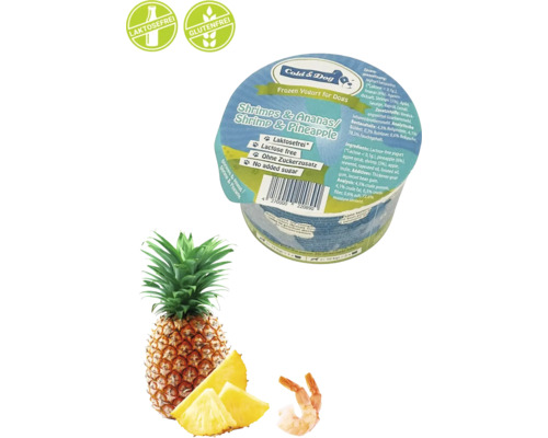 Cold and Dog gefrorener Joghurt für Hunde mit Garnele und Ananas sowie den Siegeln laktosefrei und glutenfrei.