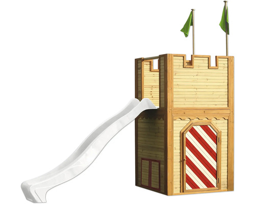 Spielturm aus Holz mit Rutsche und zwei Fahnen