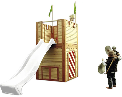 Spielturm aus Holz mit Rutsche und Ritter-Dekoration