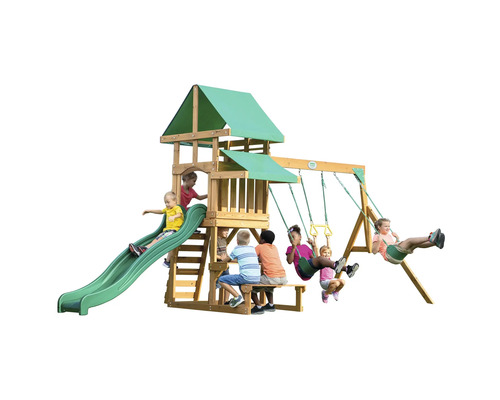 Spielplatzanlage aus Holz mit Schaukeln, Rutsche und Picknicktisch im Garten